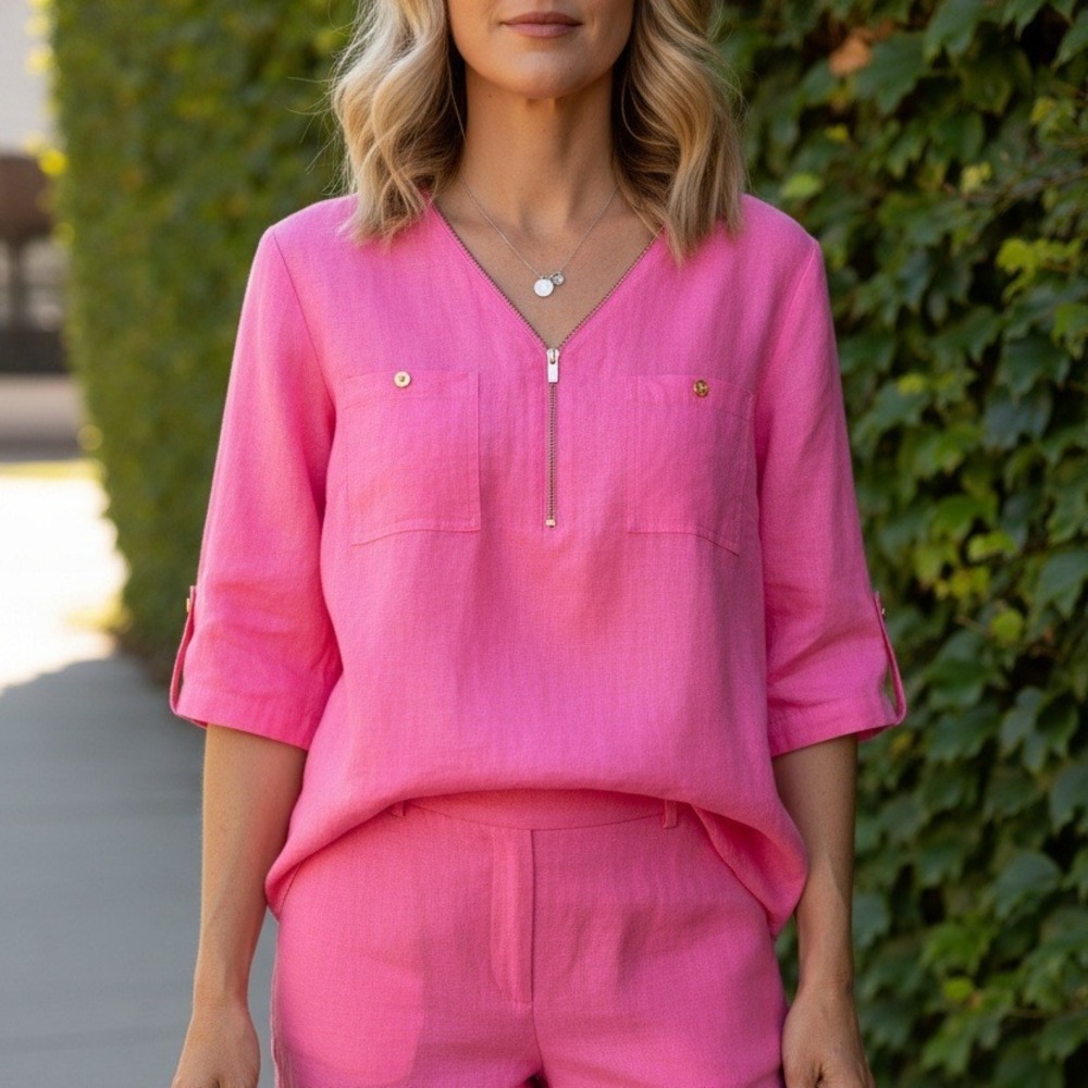Ellen Tracy Hot Pink Linen Zip Front Tunic Top‎ Sz XL Roll Tab Sleeve Minimalist